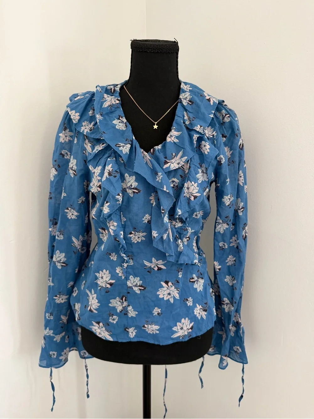 Free People Amanda Ruffle Wrap Blouse Blue Floral Boho Size Small